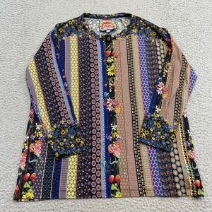 Johnny Was Shirt Womens XS Multicolor Stripe Floral Bamboo Henley 3/4 Sleeve